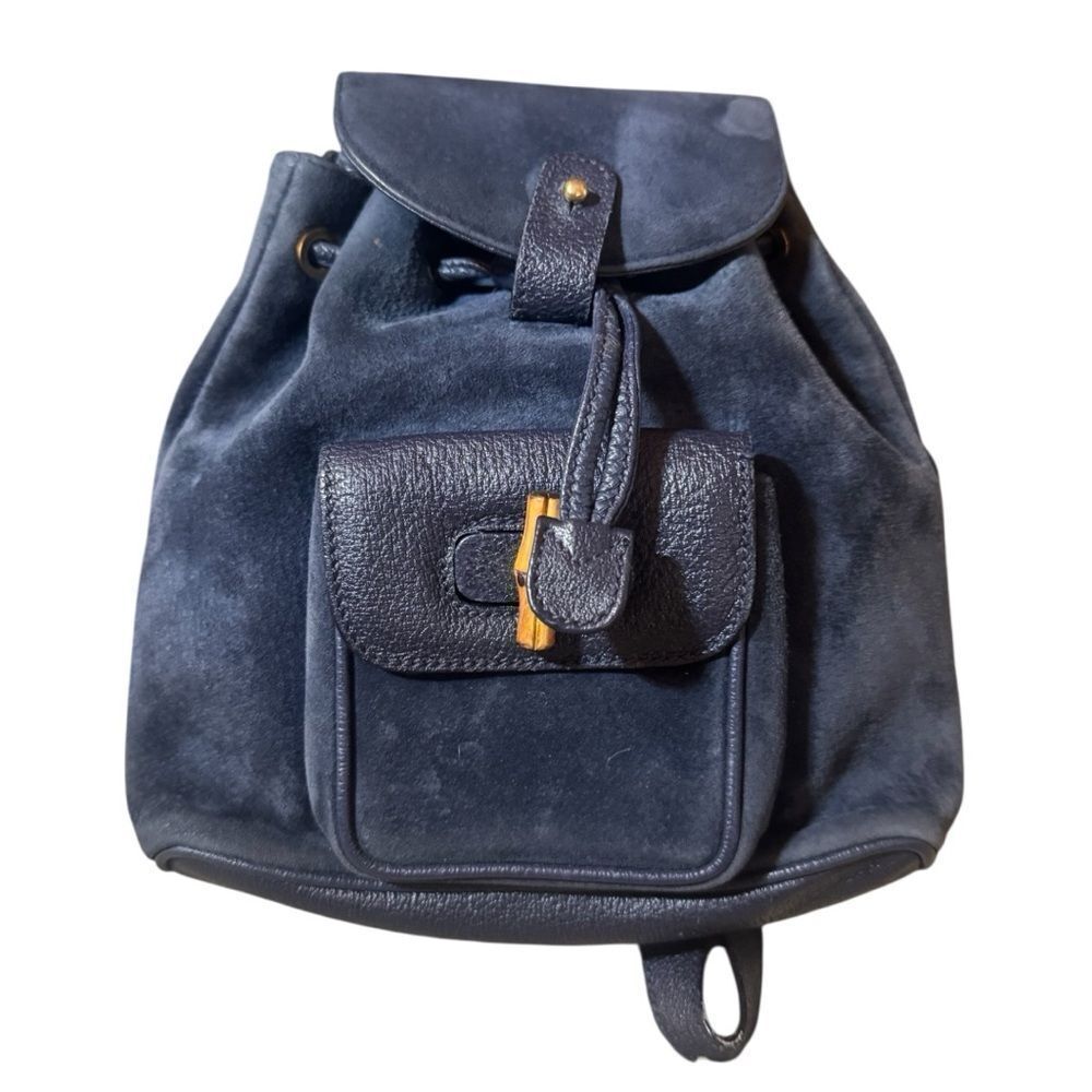 Gucci Vintage Navy Blue Suede & Leather Bamboo Handle Mini Backpack Auth